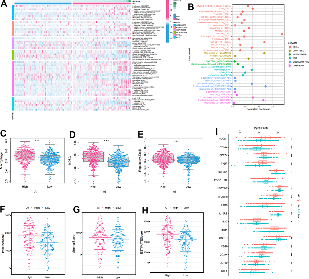 The immune infiltration characteristics of Anoikis index. (A) Distribution of immune cells in high and low AI groups under multiple algorithms; (B) The correlation between immune cells and AI under multiple algorithms; (C–E) The differential expression of immunosuppressive cells between high and low AI groups (C) Macrophage; (D) MDSC; (E) Regulatory.T.cell; (F–H) The differential expression of tumor microenvironment scores between high and low AI groups (F) ImmuneScore; (G) StromalScore; (H) ESTIMATEScore; (I) The differential expression of immune checkpoints between high and low AI groups. The asterisks represented the statistical p-value (*p