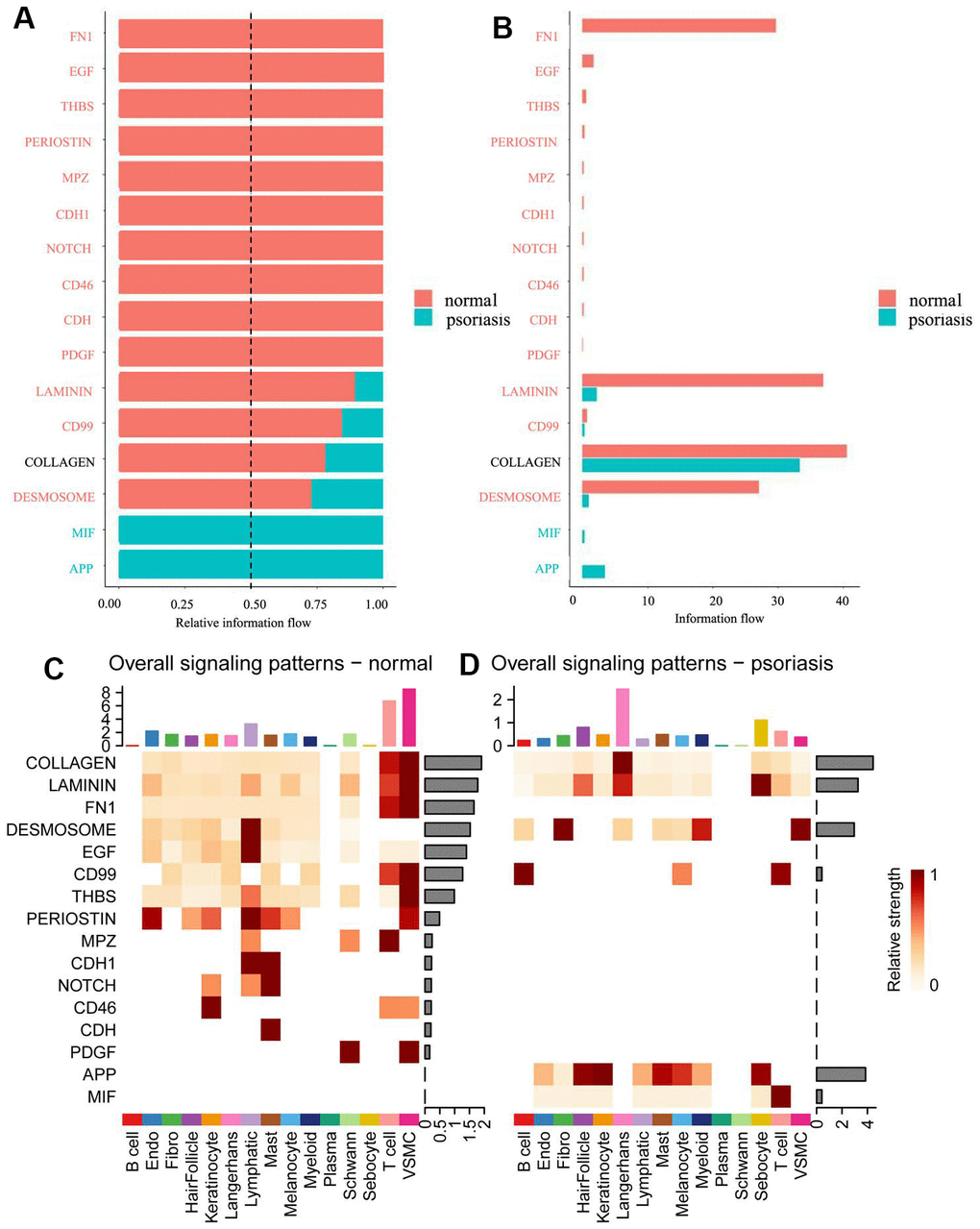 Comparison of information flow between psoriatic and normal skin. (A) Relative information flow. (B) Information flow. Red represents normal skin, blue represents psoriasis. (C) Global signal distribution of each subtype of cells in normal skin. (D) Global signal distribution of each subtype of cells in psoriatic skin.