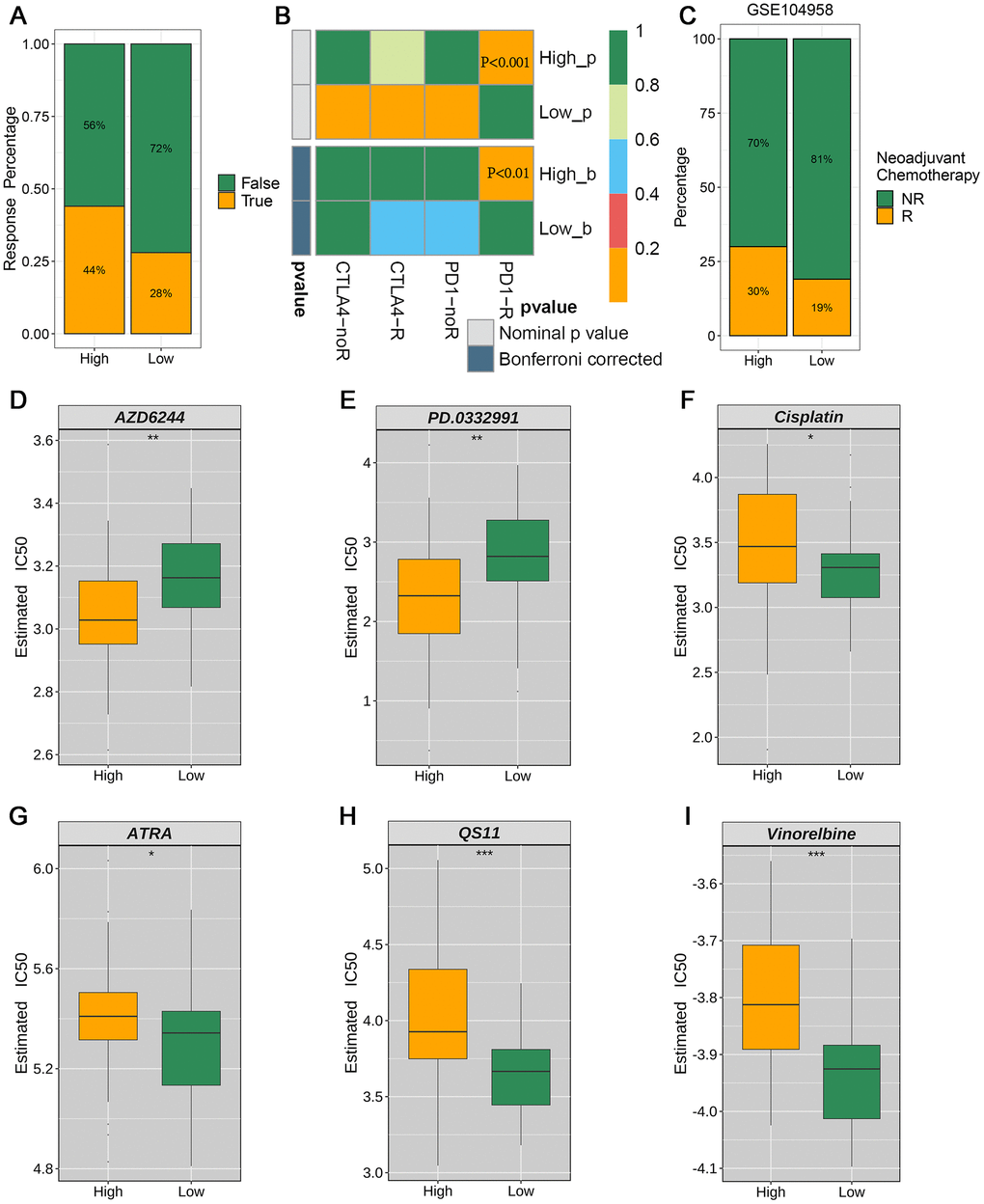 Evaluation of clinical immunotherapy responses and drug sensitivity (A) TIDE analysis forecasts the proportion of responsive patients to immunotherapy in the high- and low-risk groups stratified by the prognostic model. (B) SubMap analysis unveiled significant divergence in anti-PD-1 immunotherapy response between the high-risk and low-risk groups. (C) Proportions of neoadjuvant chemotherapy response between high-risk and low-risk patient groups in the GSE104958 data set. (D–I) Treatment response rates to six chemotherapy agents based on drug sensitivity scores.
